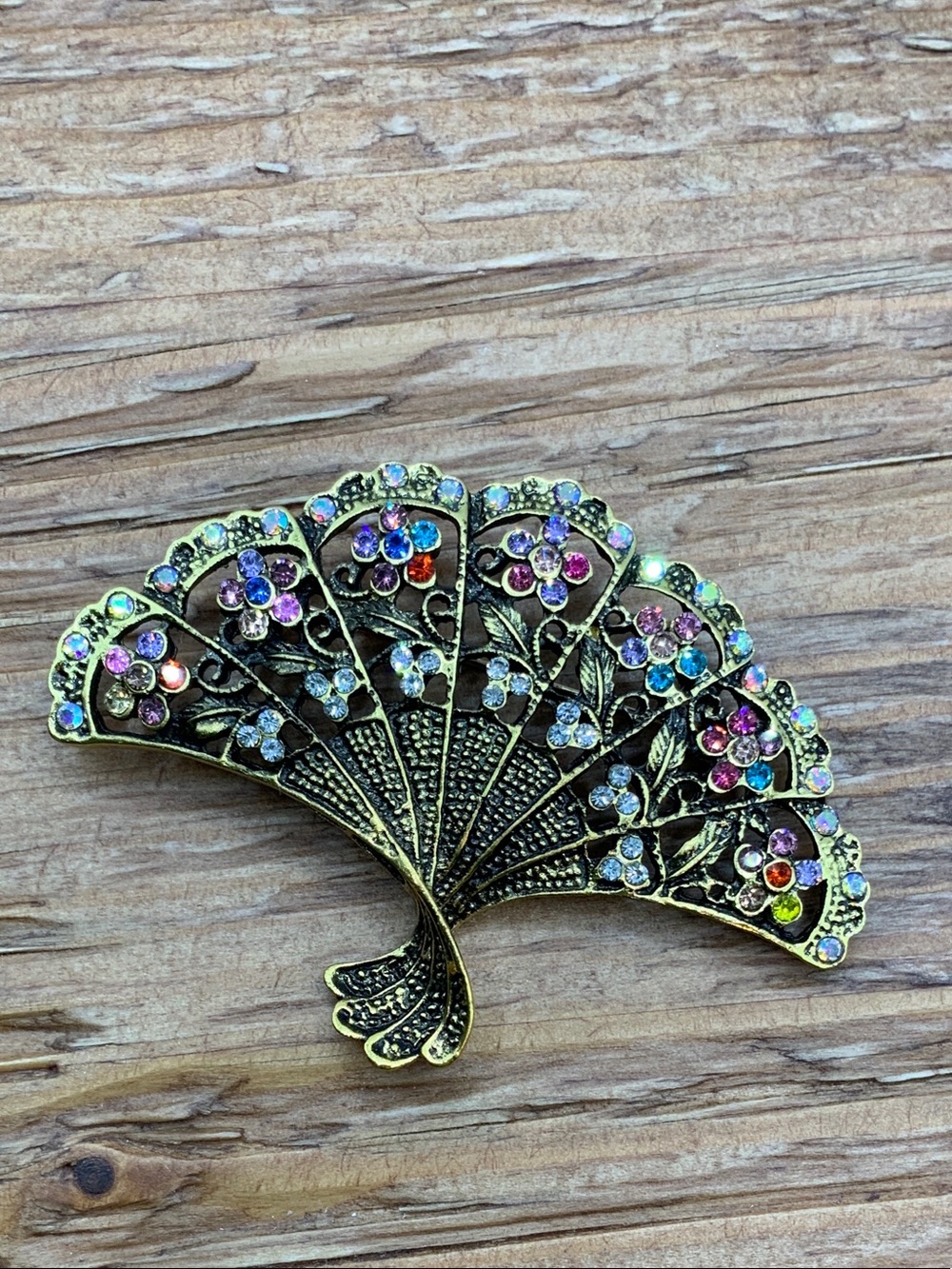 Fan Antique Gold-Tone Multicolor Crystal Brooch